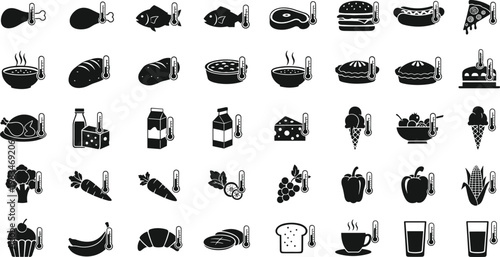 Food temperature and freshness icons depicting various dishes and ingredients