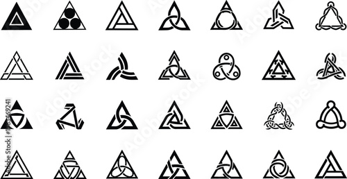 Geometric triangle knot symbols set with celtic trinity patterns and abstract interlocking ornaments
