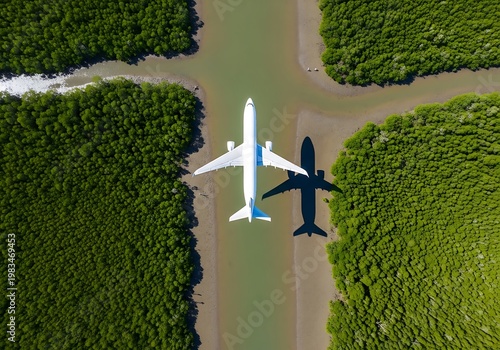 Commercial airplane landing on runway over green agricultural fields aerial view