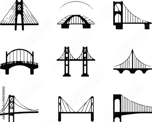 bridge silhouettes of suspension arch truss and cable designs set