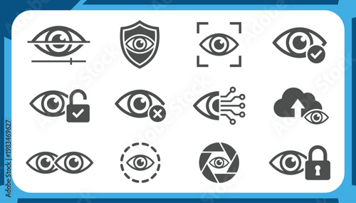 Large Collection of Eye Scanning Icons Featuring Biometric Retina Recognition, Cyber Security Vision, Digital Iris Authentication and Surveillance Technology Graphic Elements Vector Set