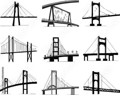 bridge grid of black and white illustrations showing types