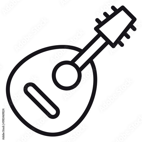 Minimalist black line vector icon of a mandolin or lute stringed musical instrument, isolated on white. Clean graphic symbol for folk music, acoustic performance, and classical orchestra design.