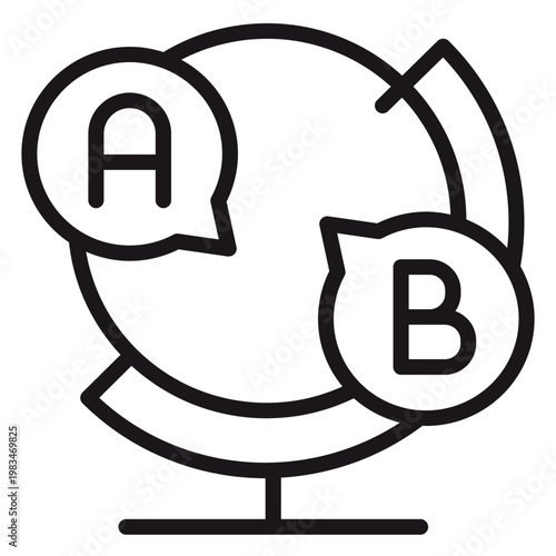 Minimalist black line vector icon of a globe with speech bubbles containing letters A and B, representing global language translation, international communication, and multilingual education.