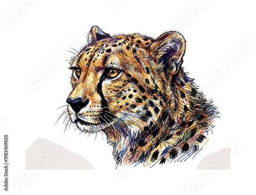 Cheetah head portrait in three-quarter view with slender muzzle and distinctive tear marks running from eyes to mouth in detailed