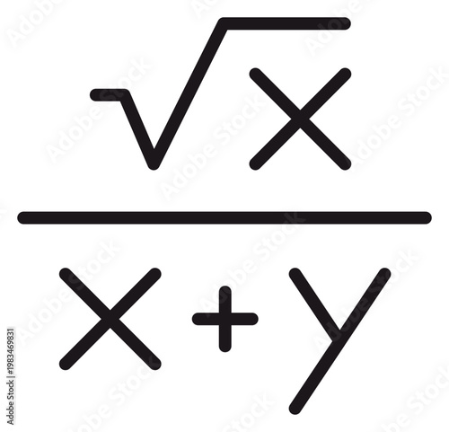 Mathematical formula vector icon featuring the square root of x divided by the sum of x and y, minimalist black line art illustration for algebra, science, education, and academic concepts.