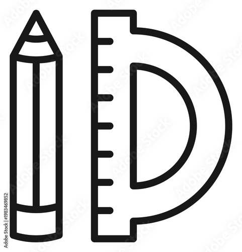 Minimalist black line vector icon illustration of a pencil and a protractor ruler, representing tools for drawing, drafting, geometry, architecture, design, and educational school supplies.