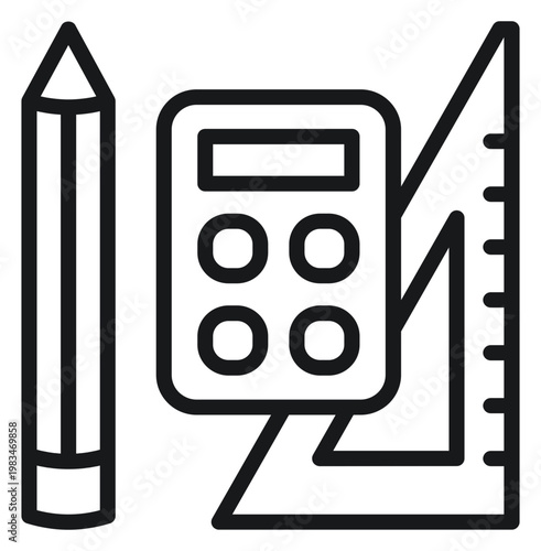 Foto Minimalist black line art vector icon illustration of essential school and office supplies including a pencil, a calculator, and a triangle ruler set square for math, geometry, and design