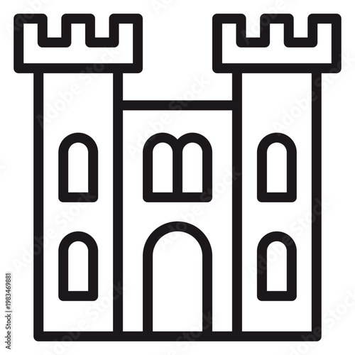 Medieval castle fortress vector icon with two towers, crenellated battlements, arched windows, and central gateway. Minimalist black line art illustration for architecture and history design.