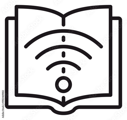 Open book with Wi-Fi signal symbol vector icon, representing digital library, online education, e-learning, and internet connectivity for reading and research, minimalist black line art illustration.