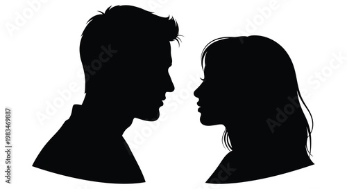 A couple facing each other in a striking black profile silhouette