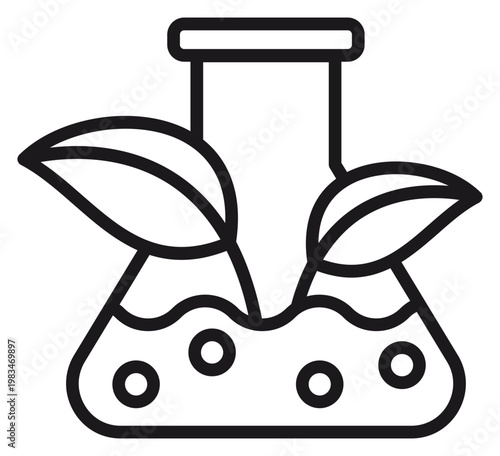 Bilde på lerret Minimalist black line art vector icon of a laboratory Erlenmeyer flask with leaves growing out of it, symbolizing biotechnology, green chemistry, eco-friendly research, and sustainable science