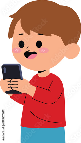 Smile boy playing game on smartphone, Happy boy using phone, Cute boy texting message illustration 