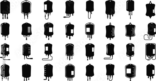Intravenous fluid bag icon set for hospital blood transfusion and medical saline drip procedures