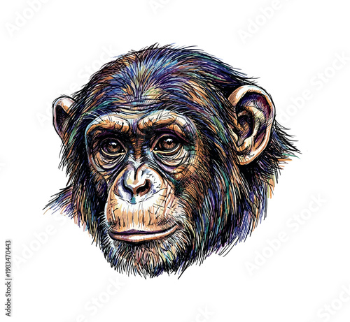 Close-up chimpanzee head focusing on eyes nose and facial contours with layered strokes creating strong depth and expressive