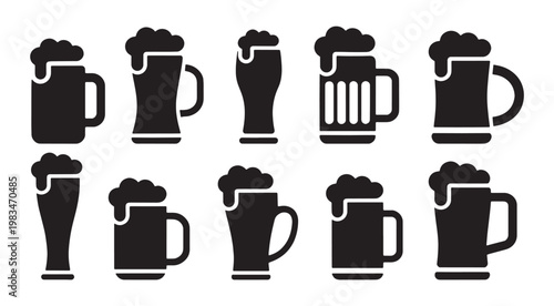 Beer mug icon vector set drink and beverage symbols in outline and solid style illustration collection