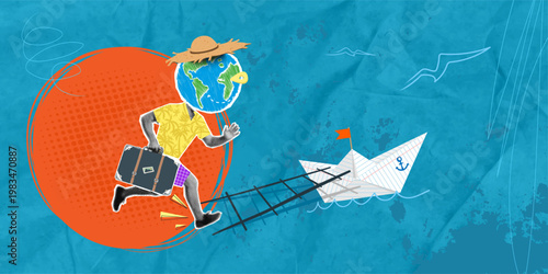 A creative halftone collage depicting a globe-headed traveler running with a vintage suitcase toward a paper boat. A surreal concept of global tourism, summer vacations, and adventures around the worl