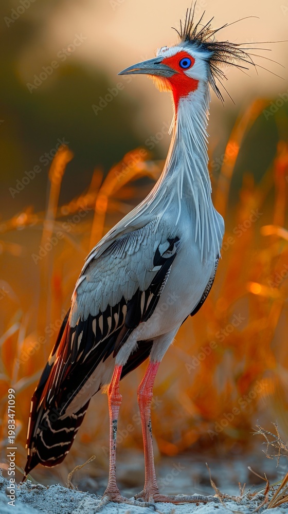 Fototapeta premium A crowned crane stands on one leg amidst tall grass at sunset, displaying its striking colors and unique feather patterns in a natural environment