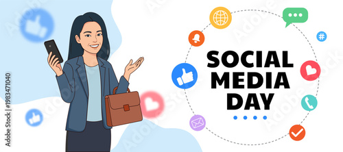Business woman celebrating social media day with smartphone and digital icons concept vector illustration