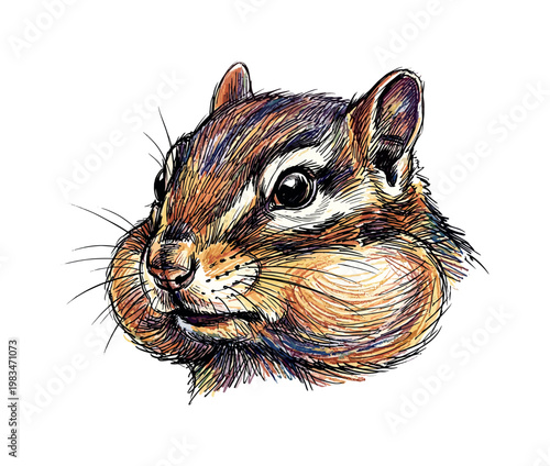 Chipmunk head portrait in three-quarter view with rounded cheeks and distinct stripe pattern forming lively rodent facial