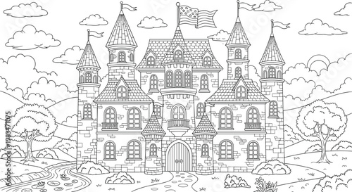 Grand medieval castle featuring multiple towering spires, fluttering flags, and a winding stone path set within a peaceful and scenic rolling landscape.