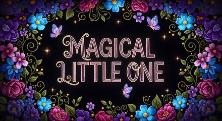 Magical Little One text with magical flowers and butterflies border on black background, enchanting greeting card design, whimsical celebration invitation