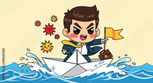 Cartoon boy in a suit navigating a paper boat through turbulent water with virus icons around him
