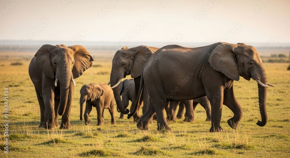 Fototapeta premium Herd of African Elephants Walking in Golden Grassland at Sunset