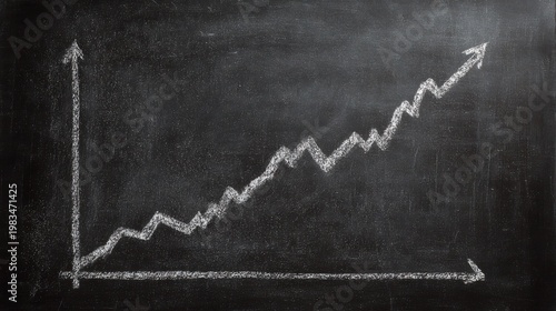 axis chalk diagram on blackboard shows measured upward trajectory and systematic growth, prominent x and y axes with jagged data line convey quantified progress, grainy chalk texture and subtle