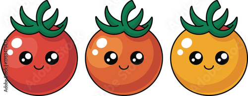 Cute Tomato Cartoon Characters Set with Smiling Vegetable Icons for Kawaii Food Mascot Flat Vector Illustration Design Collection