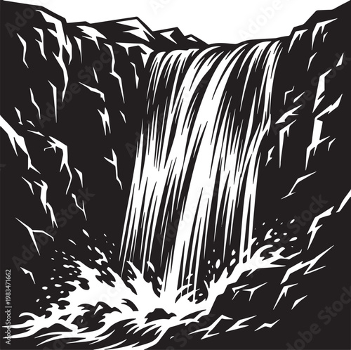 Dramatic waterfall cascading down steep rocky cliffs into turbulent water, powerful nature scene, monochrome vector art.