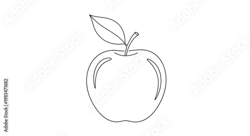 Clean black and white line drawing of a single crisp apple with a stem and one leaf featuring subtle curved highlights on a bright and minimalist surface.