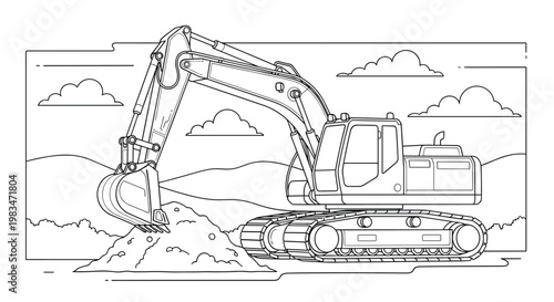 Sturdy industrial excavator performs heavy earthmoving tasks on a dusty construction site under a bright clear sky with detailed mechanical components.