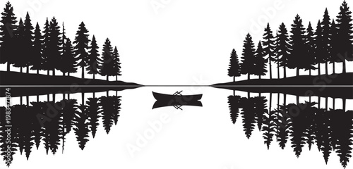 Lake landscape with pine trees silhouette reflecting in water and small boat with oars in calm environment.