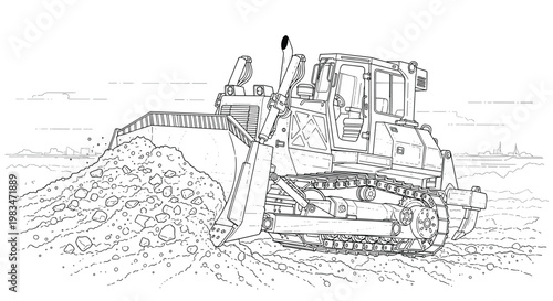 Powerful yellow bulldozer pushes a massive pile of loose rocks and soil across a rugged terrain during a busy day at a remote mining work location.