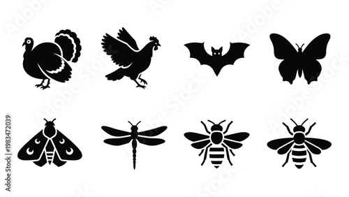 A collection of black silhouettes depicting various insects and birds including a turkey chicken and bee
