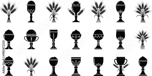 Religious icons set for eucharist communion bread and wine cup with wheat stalks vector illustration