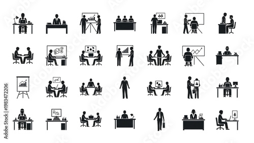 Top-Down View Office Workspace Worker Flow Architectural Blueprint Monochrome Vector Icon Set – Minimal Single Color Silhouette Style Isolated on White Background