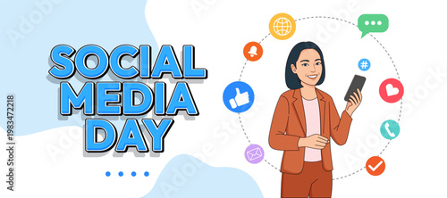 Social media day banner design with happy woman character and digital marketing icons