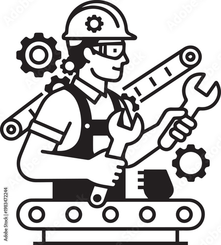 Professional Assembly Line Worker Holding Wrench and Bolt – Industrial Manufacturing, Mechanical Engineering, Factory Automation, Technical Training, Process Optimization, Maintenance