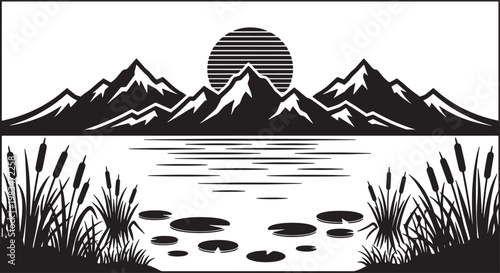 Mountain range sunset over lake with lily pads and reeds silhouette vector illustration for scenic panoramic wall art decor.