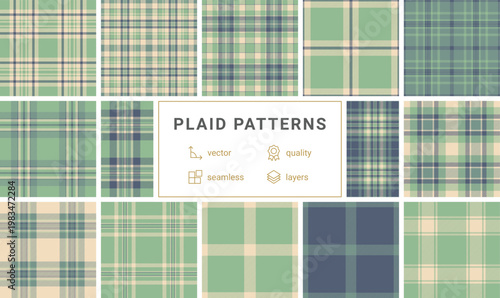 Discover a timeless seamless plaid pattern in soothing sage green, cream, and navy. Ideal for sophisticated textile designs, fashion apparel, rustic home decor, and versatile digital backgrounds.