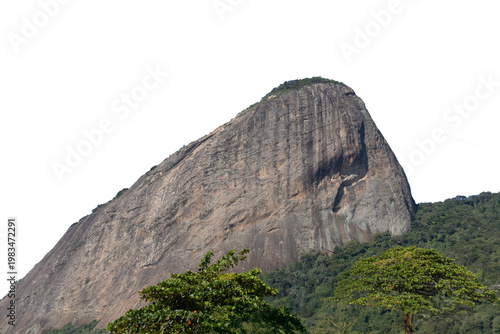 Sugarloaf Mountain rock formation, Rio de Janeiro, Brazil. Granite monolith with isolated forest against a transparent background.