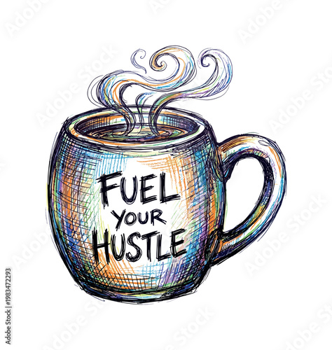 Coffee mug with rising steam and rounded handle forming everyday motivational companion object for entrepreneurs in expressive