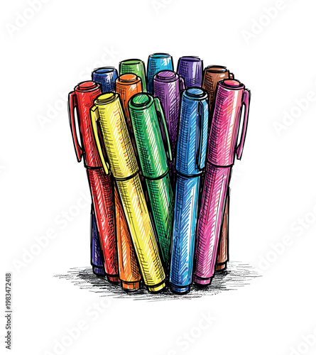 Set of colored markers grouped together with caps and cylindrical bodies forming compact drawing tool arrangement in expressive