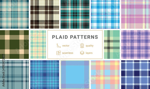 Plaid bundle for cohesive contemporary styling. Classic tartan structure supports streetwear, casual, and formal collections. Vector geometry stays accurate.