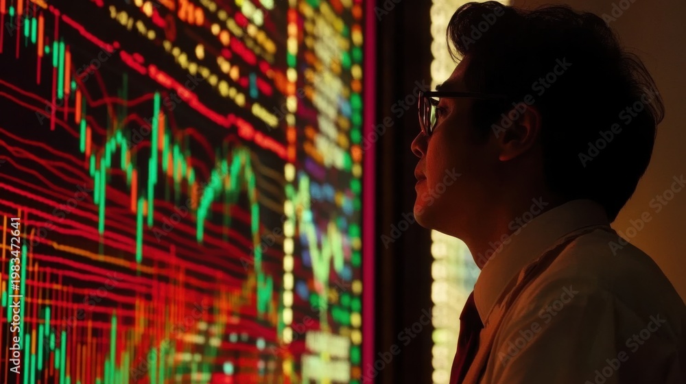 Obraz premium Trader analyzes financial data on multiple glowing screens