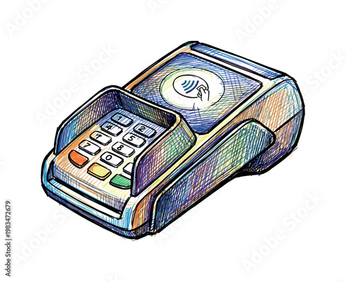 Contactless payment terminal with keypad and card tap area forming modern transaction device used in retail banking in expressive