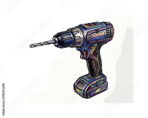 Cordless drill with compact body and textured grip featuring drill bit and functional mechanical detailing in expressive vibrant