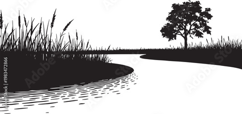 Riverside landscape silhouette with reeds and tree near winding water path vector illustration for nature wall decor art.
